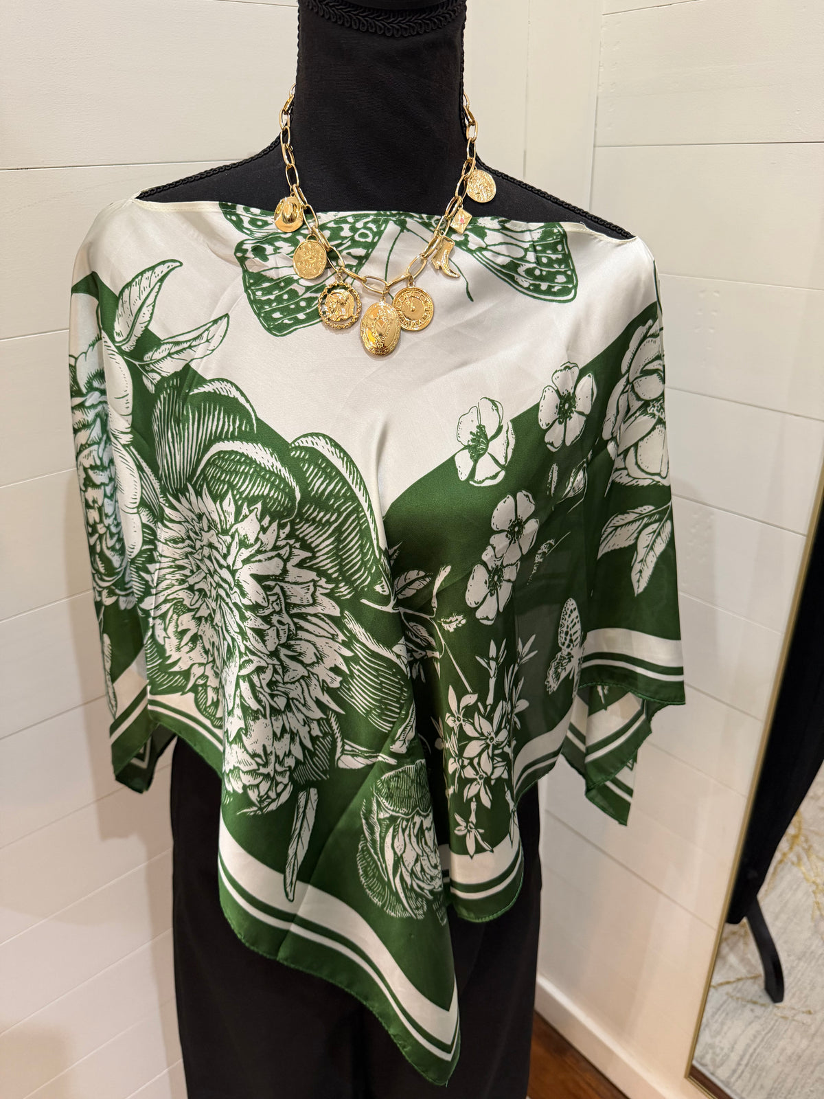 Silk Poncho - Green With White Botanical