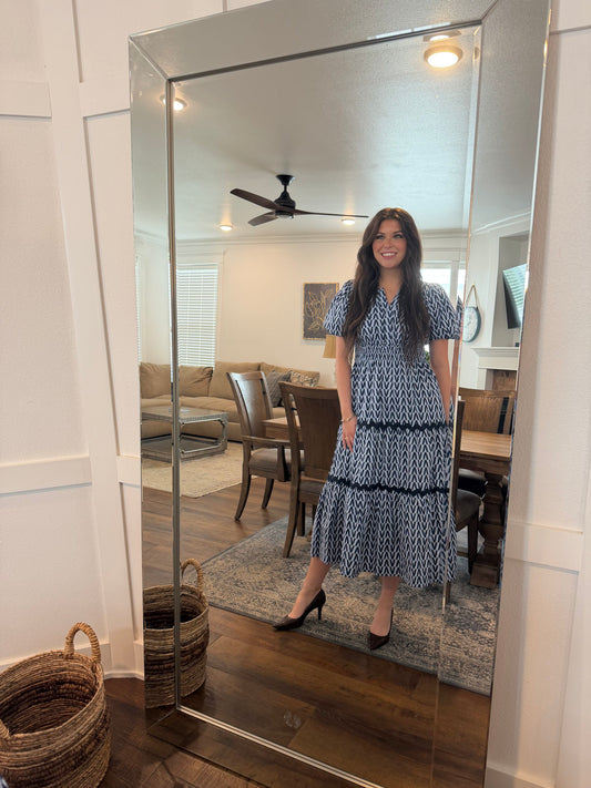 Navy/Blue Printed Puff Sleeve Midi Dress