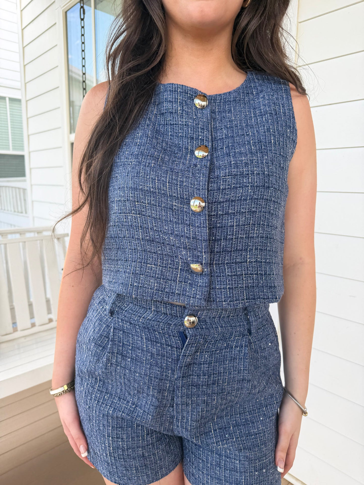 Blue Tweed Button Down Set