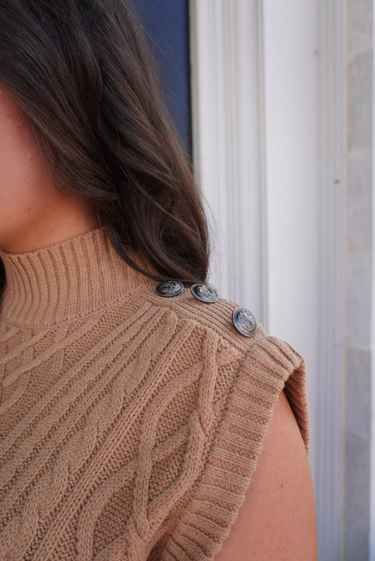 Mock Neck Sweater With Shoulder Button Details - Taupe