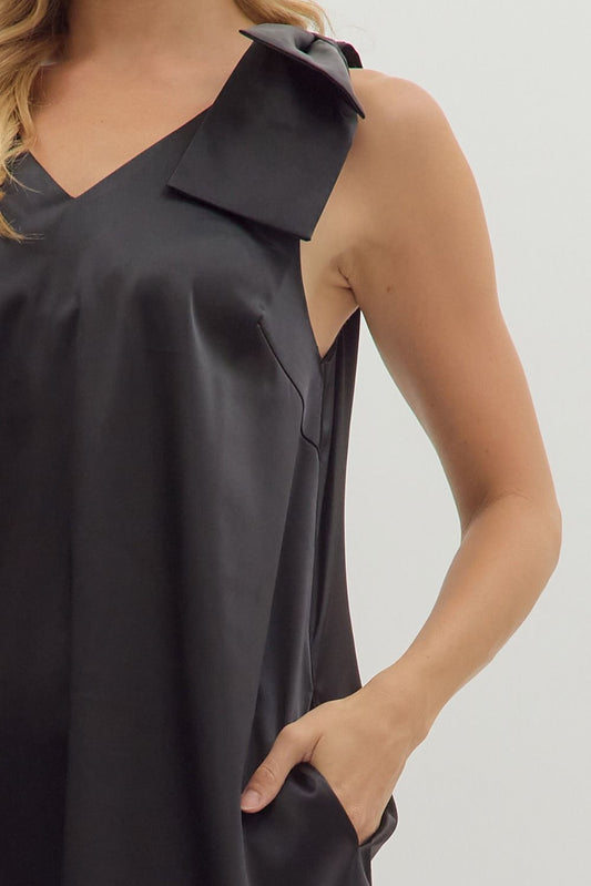 Bow Sleeve Heavy Satin Dress - Black