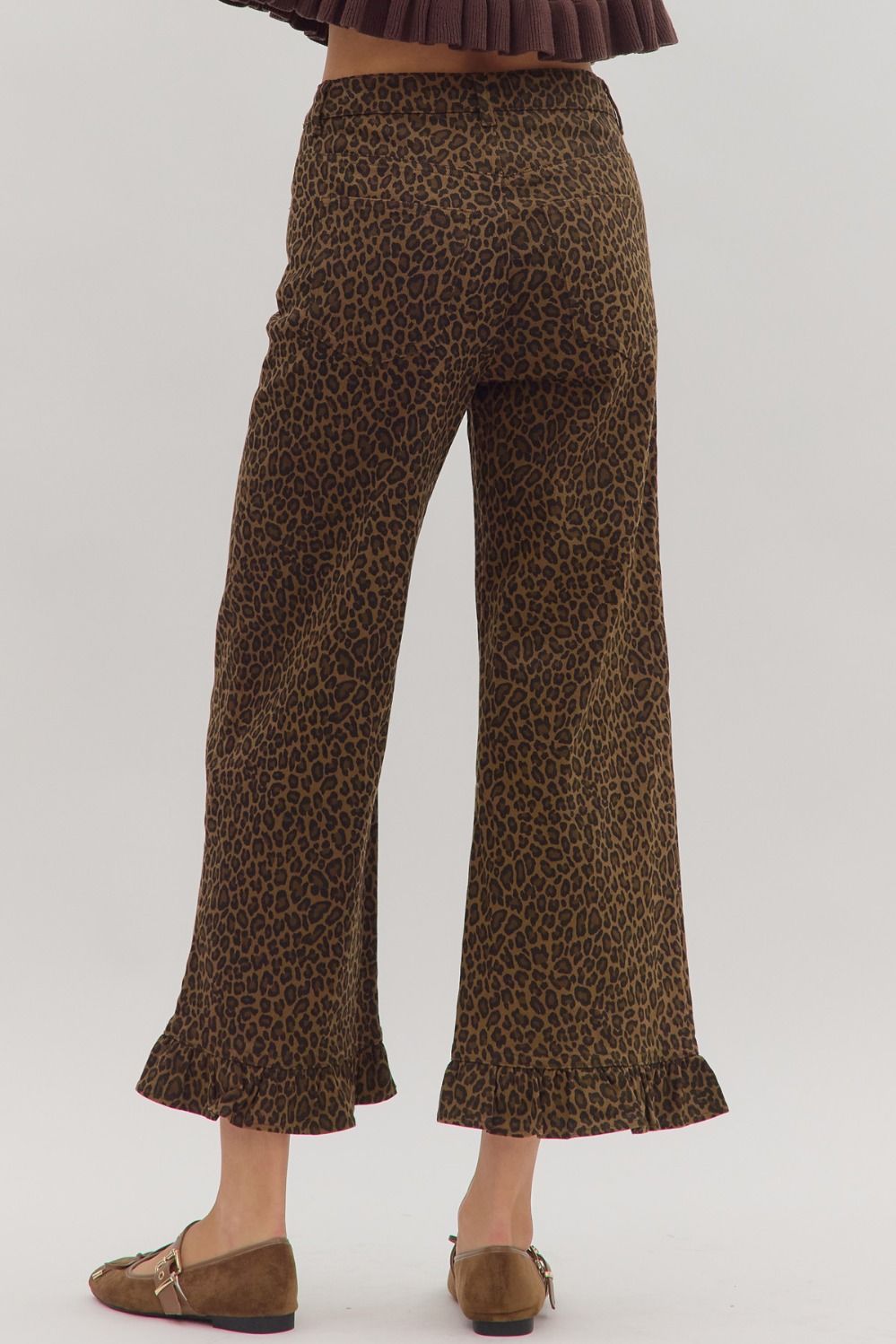 Animal Print Wide Leg Ruffle Trim Pants