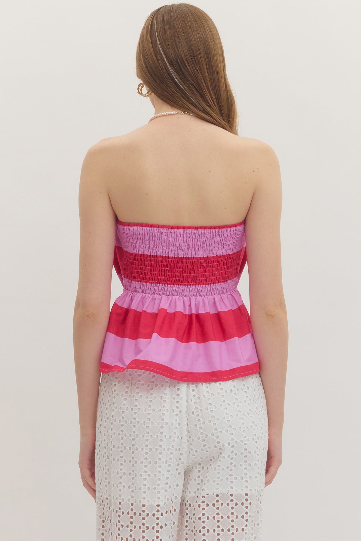 Strapless Pleated Striped Top - Pink/Red