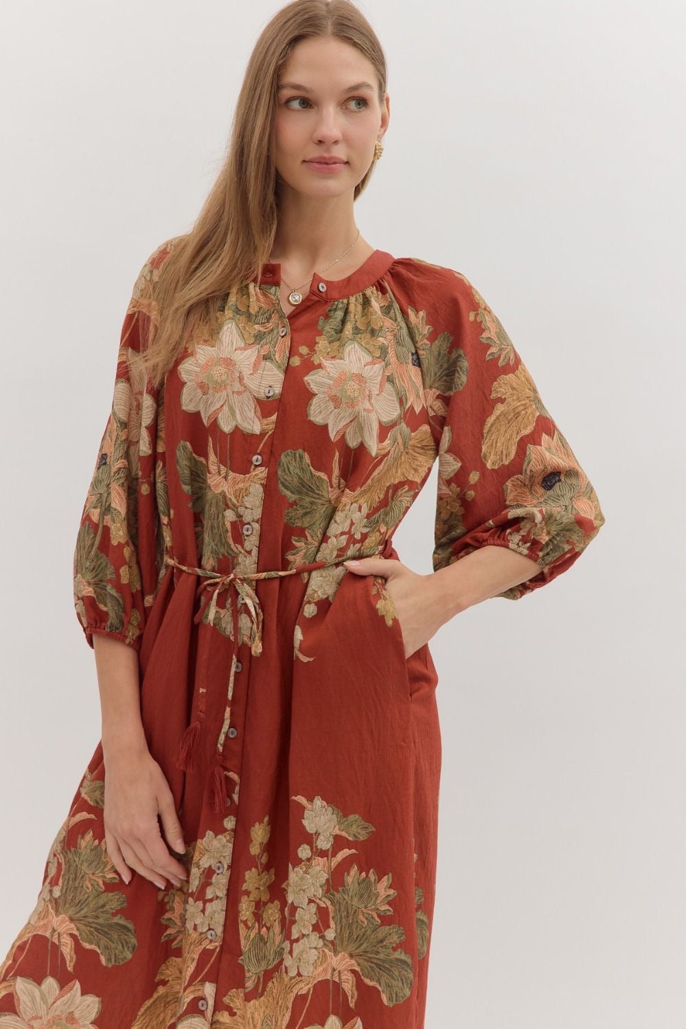 Rust Floral Midi Dress With Waist Tie