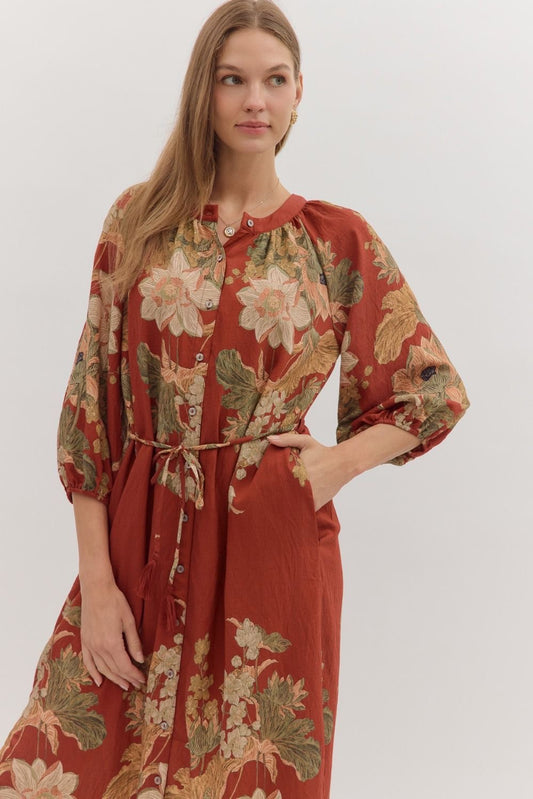 Rust Floral Midi Dress With Waist Tie