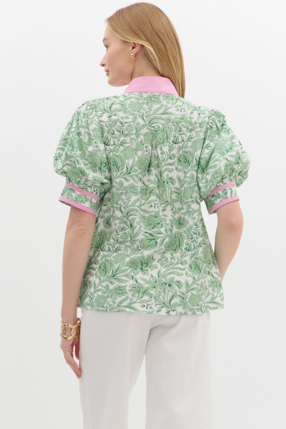 Grandmillennial Puff Sleeve Top - Pink/Green