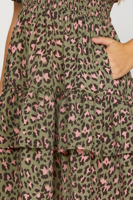Leopard V-neck Tiered Dress - Olive/Pink