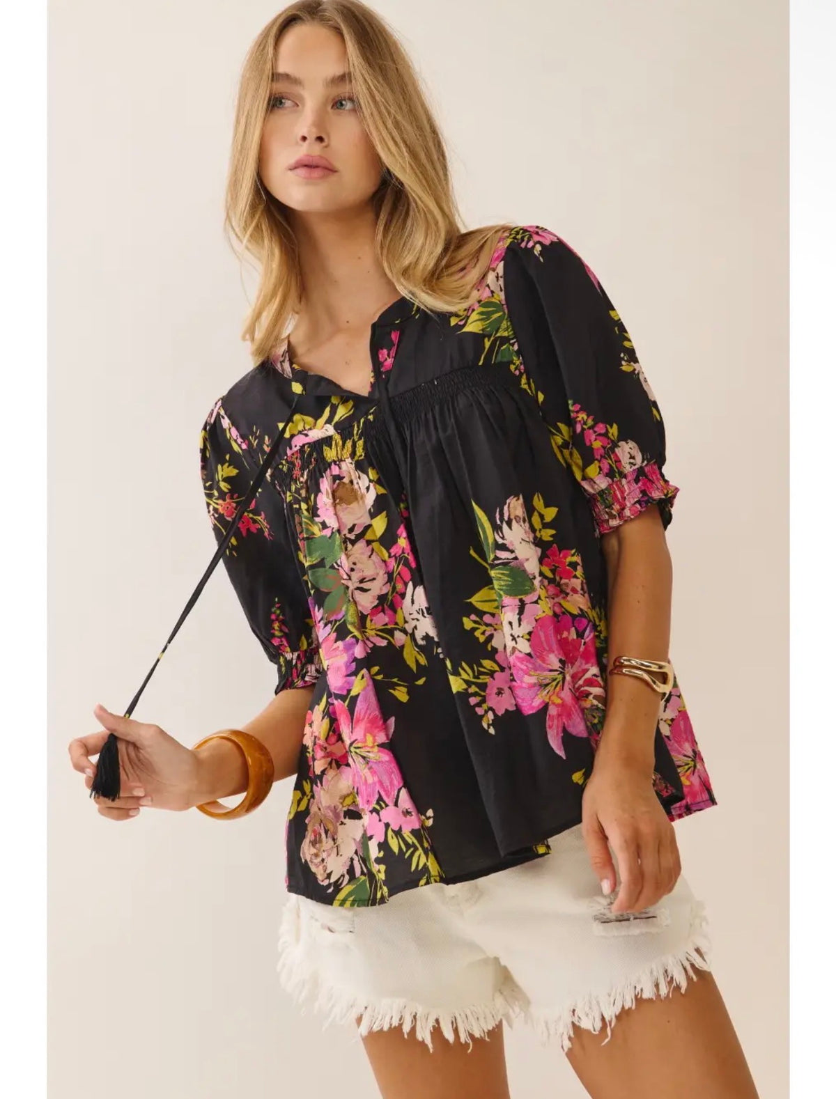Black/Pink Floral Print Blouse