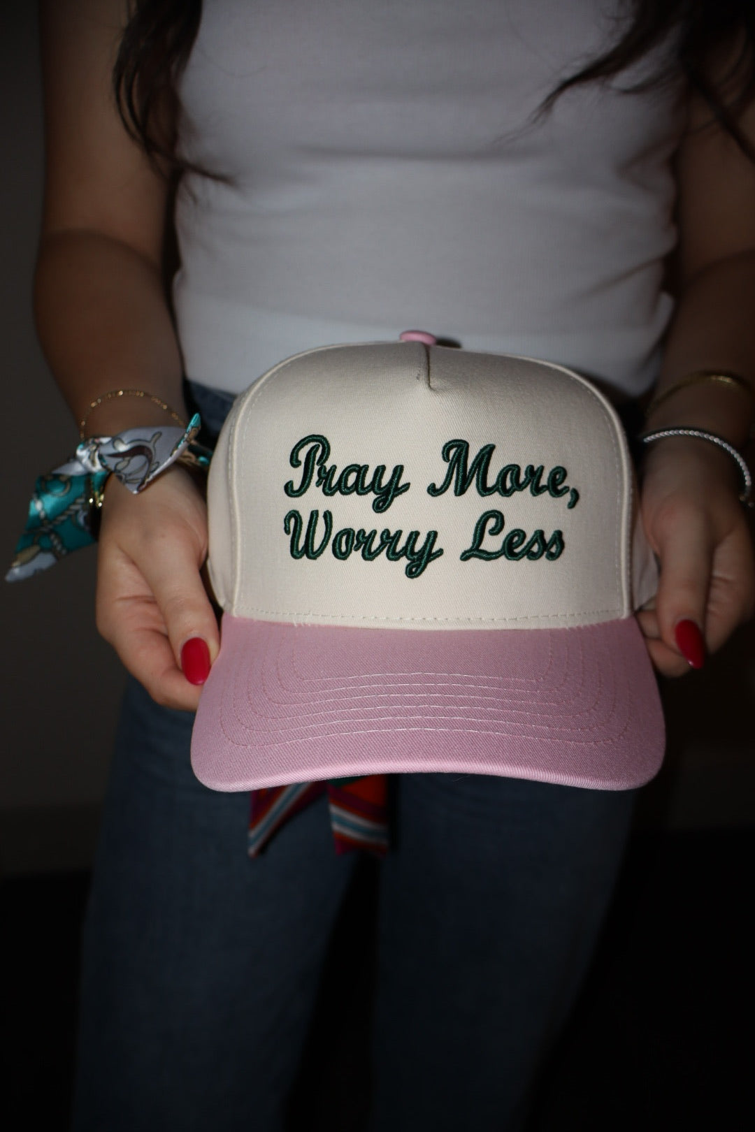 Pray More Worry Less Trucker Hat - Pink/Green