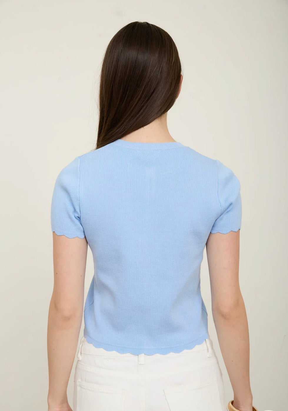 Scalloped Trim Short Sleeve Knit Cardigan - Dusty Blue
