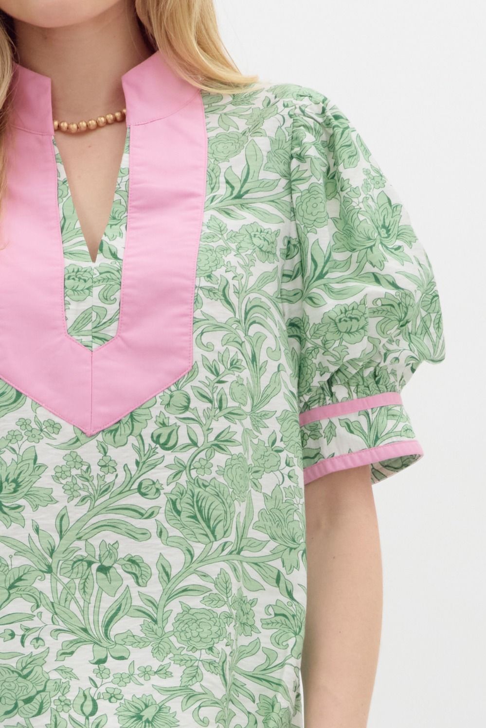 Grandmillennial Puff Sleeve Top - Pink/Green