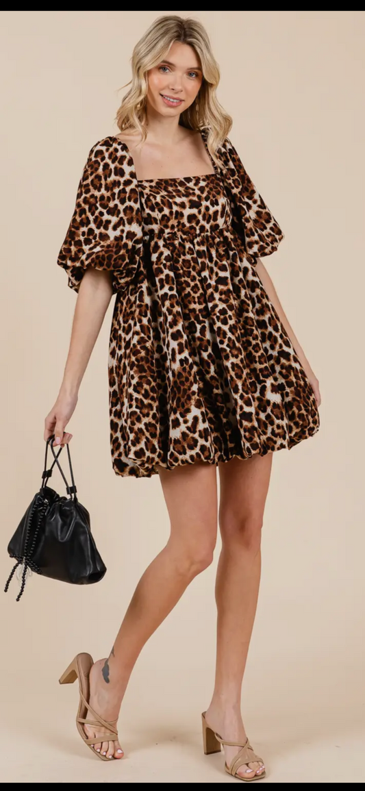 Leopard Bubble Skirt Babydoll Dress
