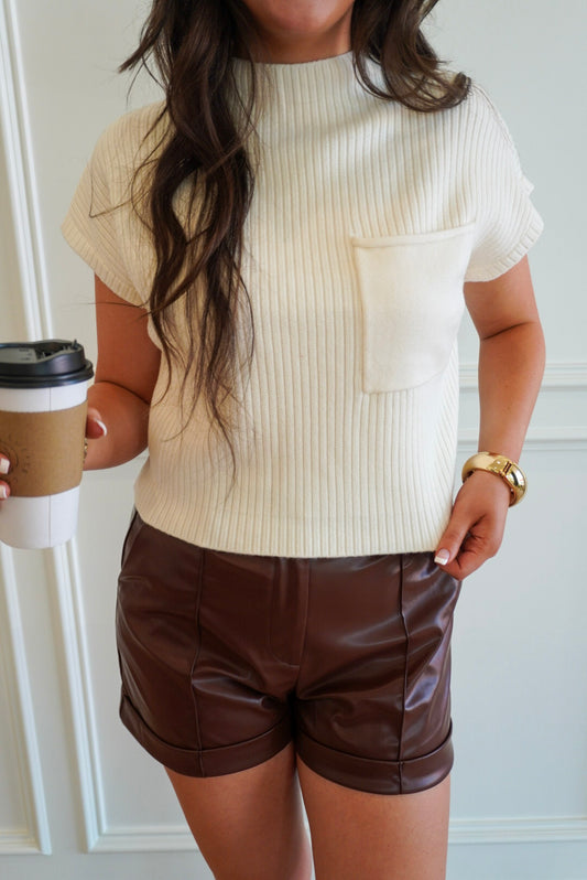 Ribbed Knit Sweater Top With Pocket - Cream
