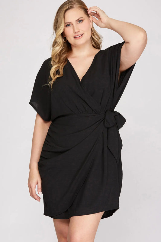 V-Neck Wrap Short Dress With Sleeves