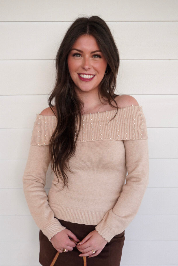 Pearl Detailed Off Shoulder Sweater - Oatmeal