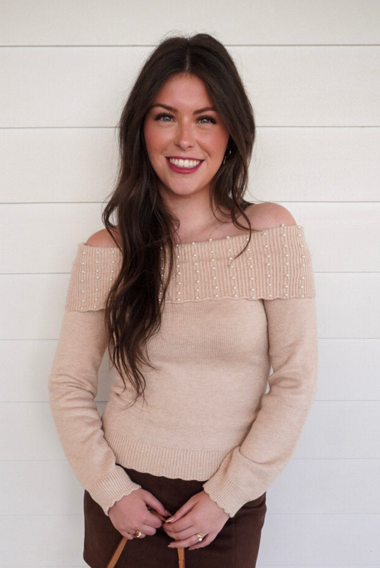 Pearl Detailed Off Shoulder Sweater - Oatmeal