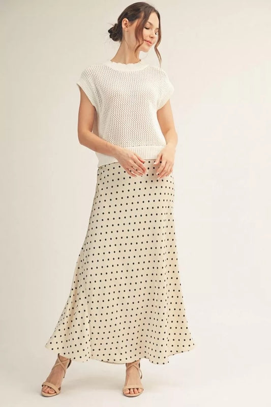 Champagne Black Polka-Dot Satin Maxi Skirt