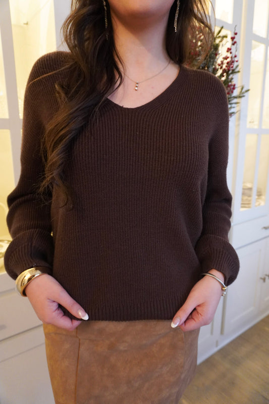 Drop Shoulder Back Bow Detail Sweater -Brown