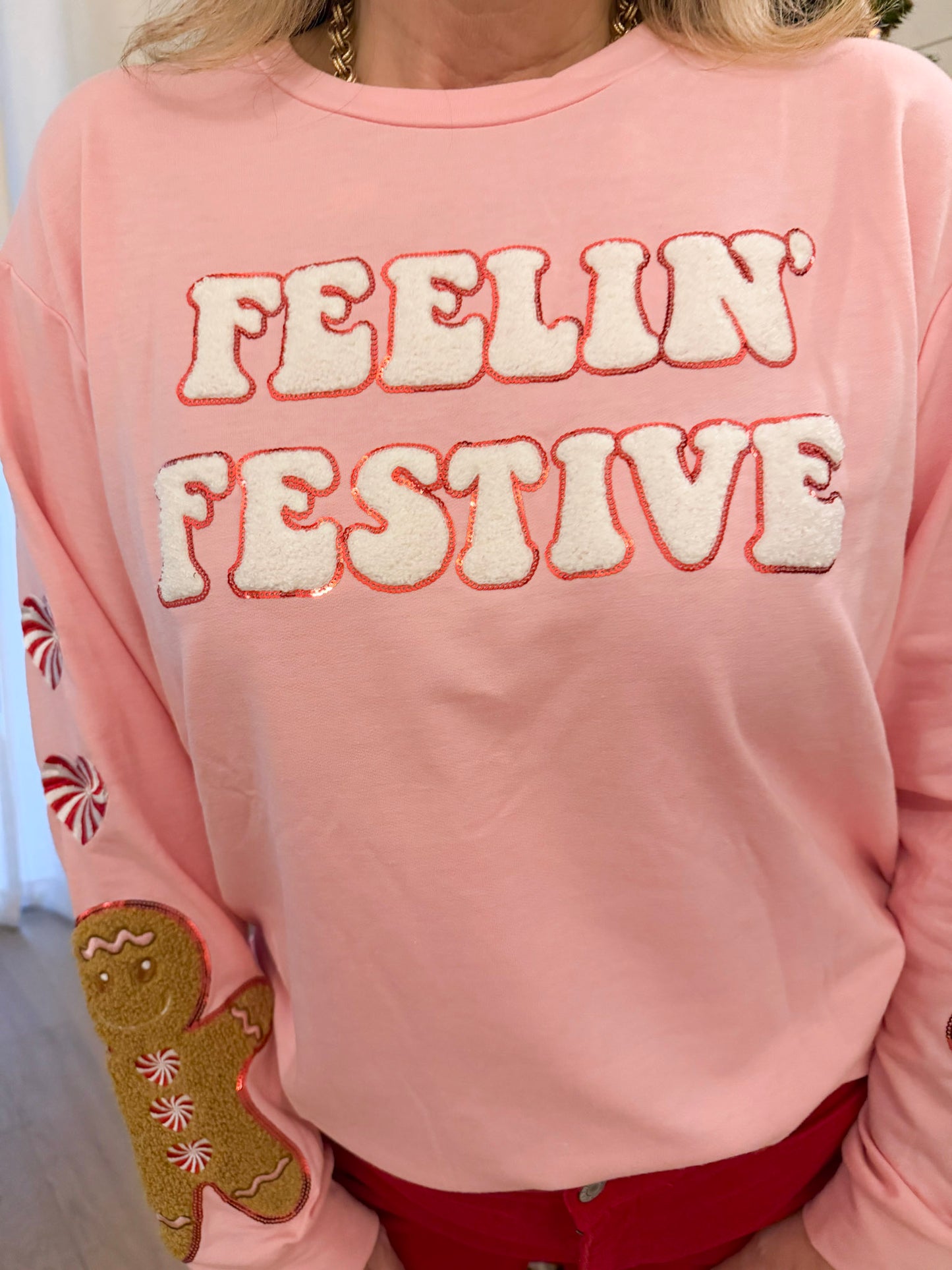 “Feeling Festive” Pink Top With Embroidered Sleeves