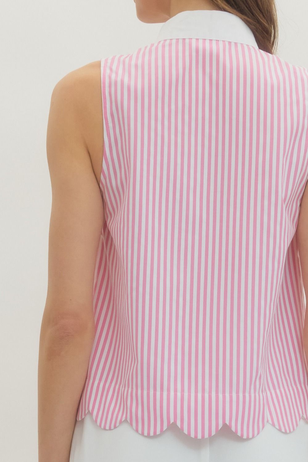 Pink Striped Sleeveless Collared Top