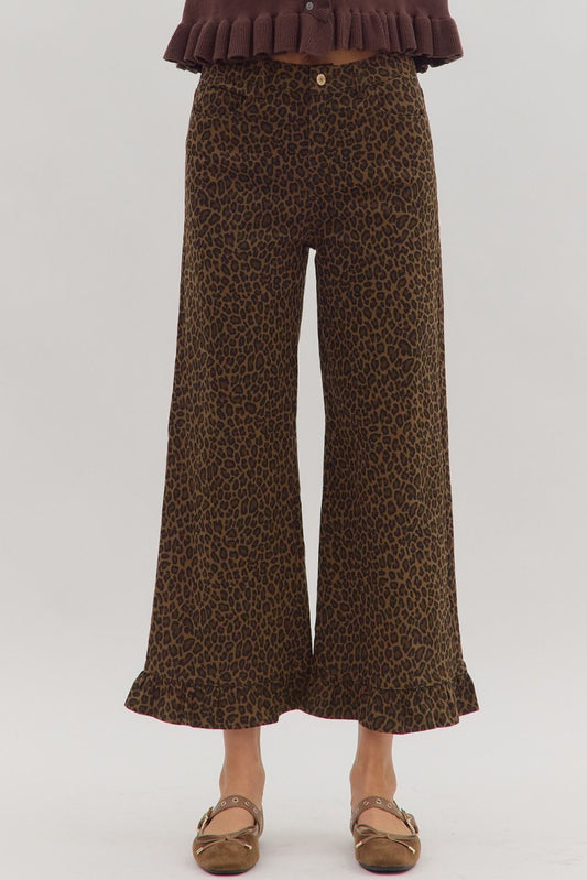 Animal Print Wide Leg Ruffle Trim Pants
