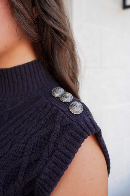 Mock Neck Sweater With Shoulder Button Details - Navy