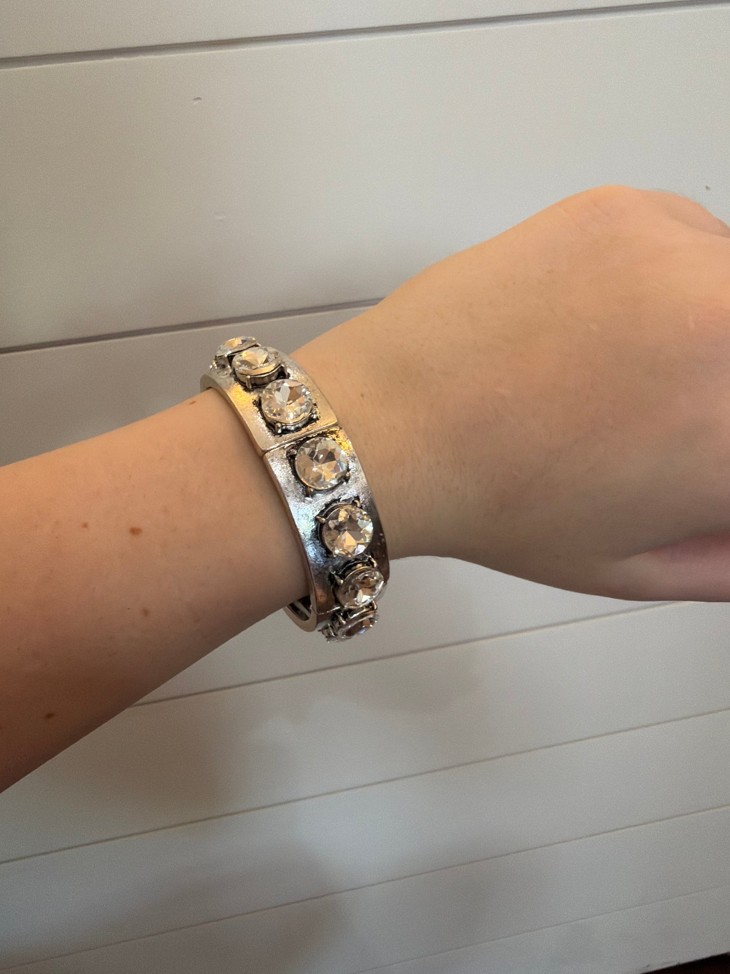 Rhinestone Studded Expandable Bracelet - Antique Silver