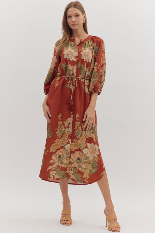 Rust Floral Midi Dress With Waist Tie