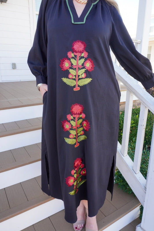 Embroidered Floral Maxi Dress - Black