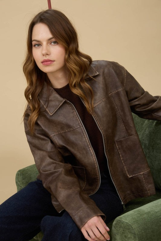 Faux Leather Collared Zip Up Jacket