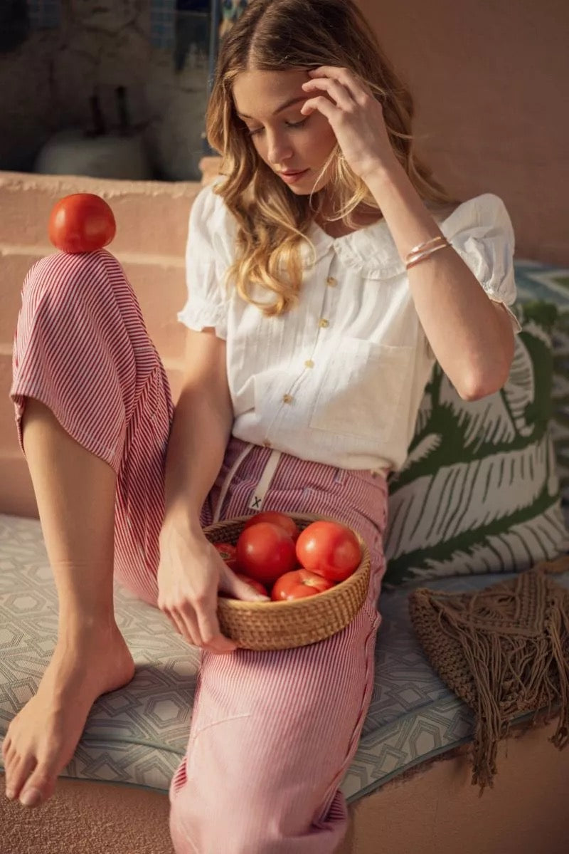 Red Denim Striped Barrel Jeans
