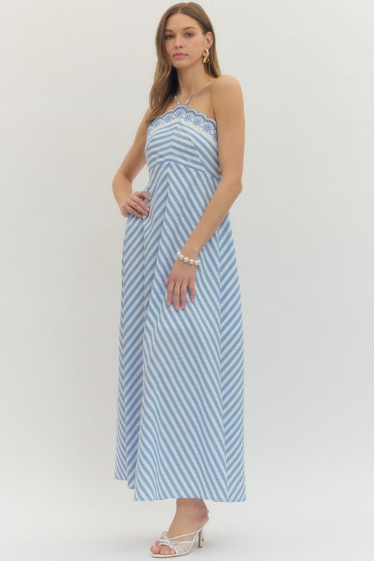 Striped Embroidered Halter Maxi Dress - Light Blue
