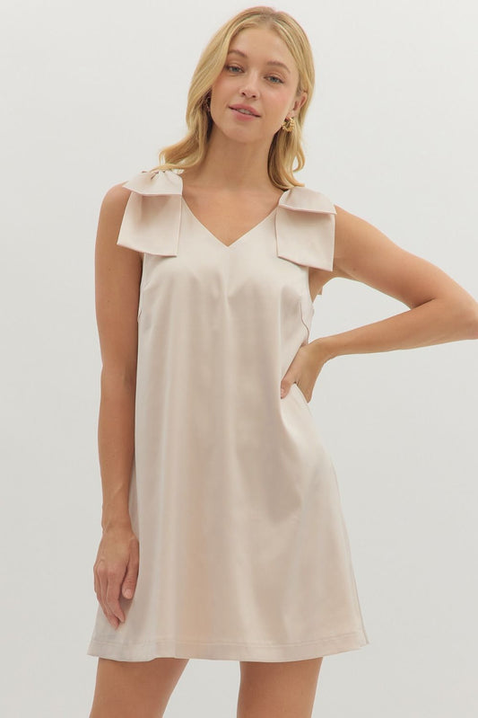 Bow Sleeve Heavy Satin Dress - Champagne