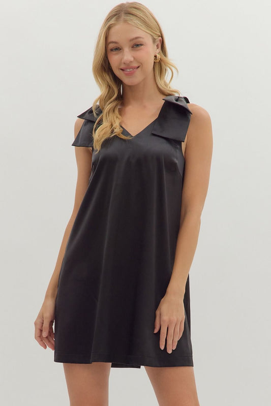 Bow Sleeve Heavy Satin Dress - Black