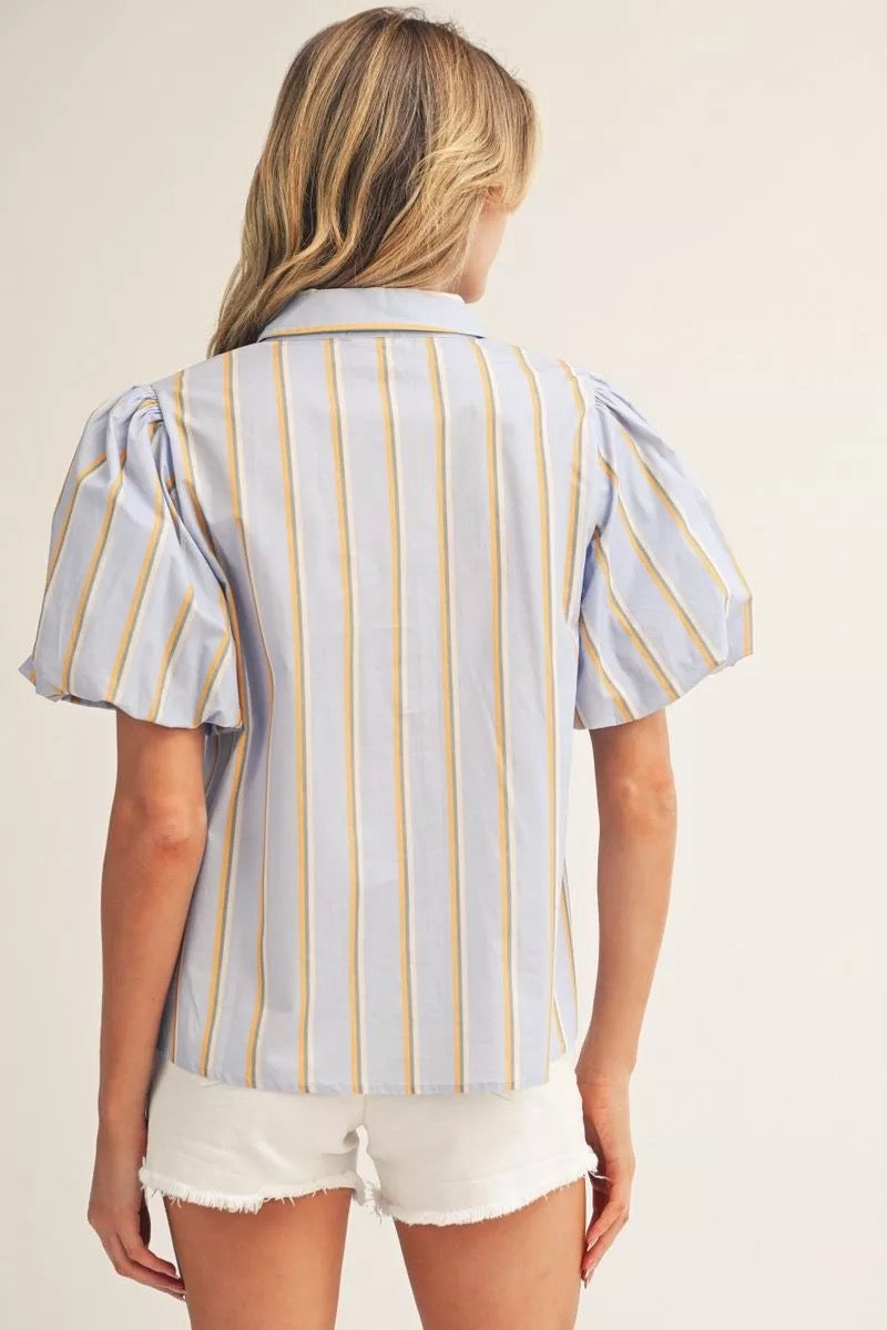 Blue Striped Embroidered Western Top