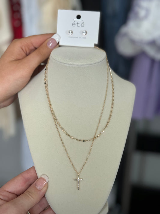 Cross Layered Necklace with Earrings (Gold)