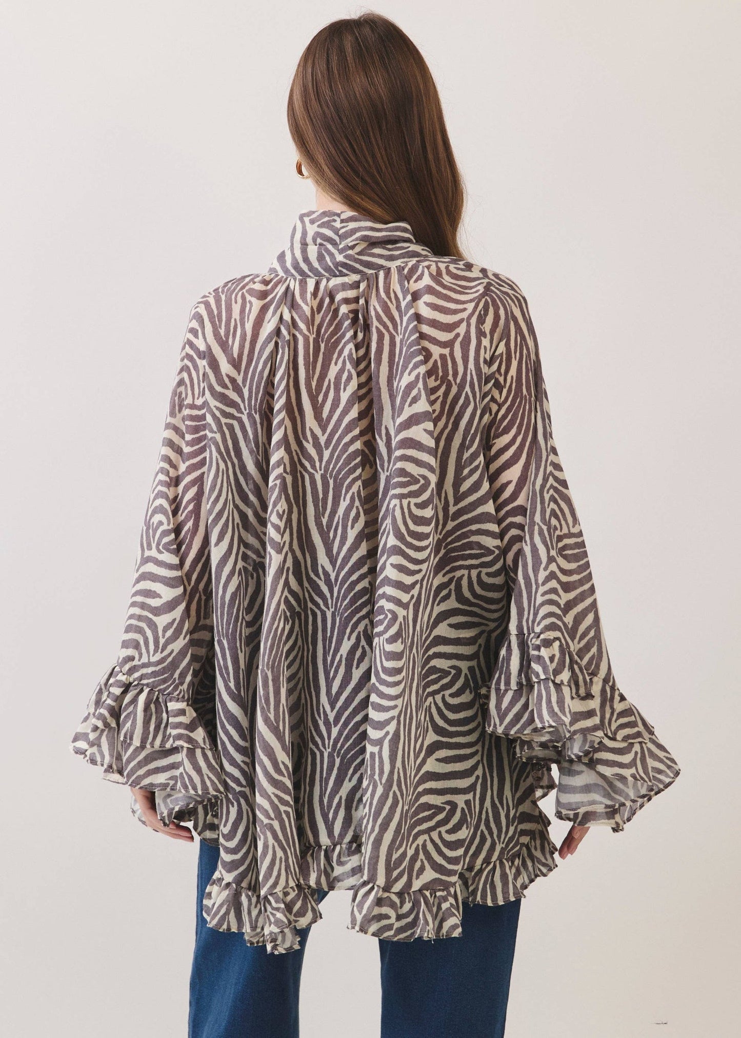 Zebra Poncho Ruffle Top -Cream
