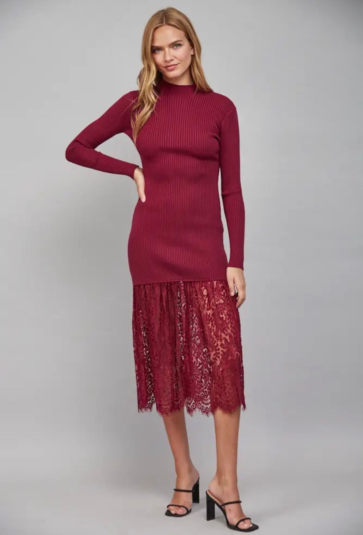 Lace Hem Detail Ribbed Knit Mock Neck Midi Dress