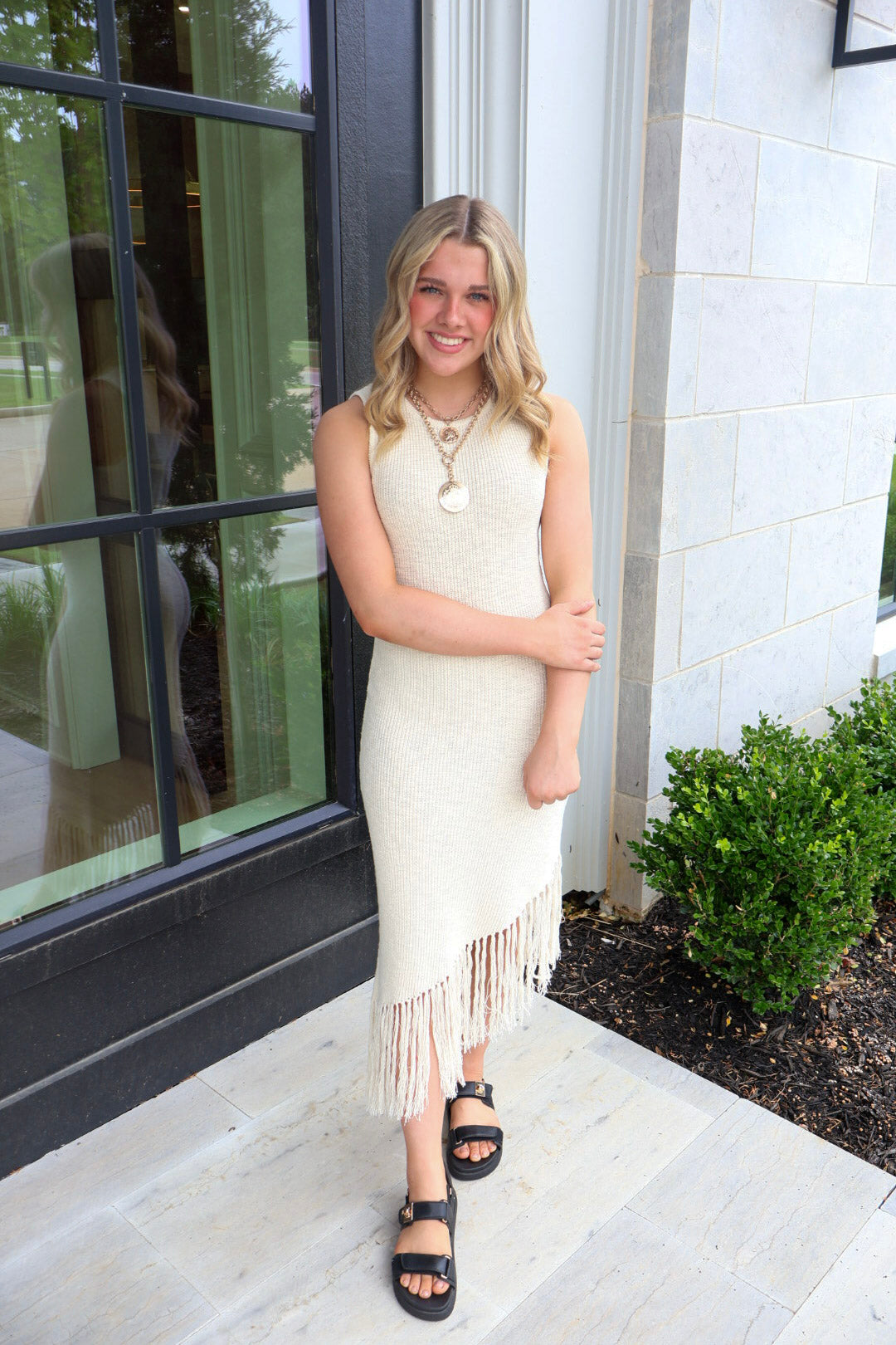 cream fringe dress Cream PrettyLittleThing Tassel Hem Knitted Maxi Dress