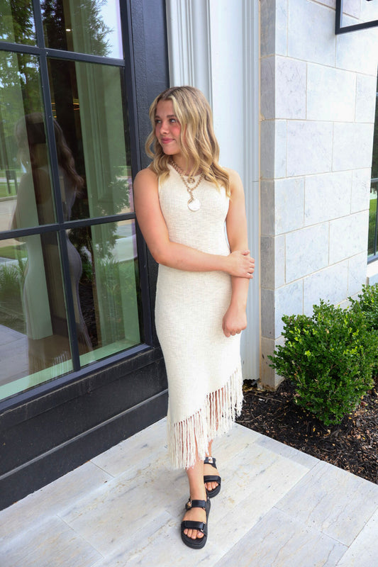 Sunset Soiree - Cream Fringe Trimmed Dress