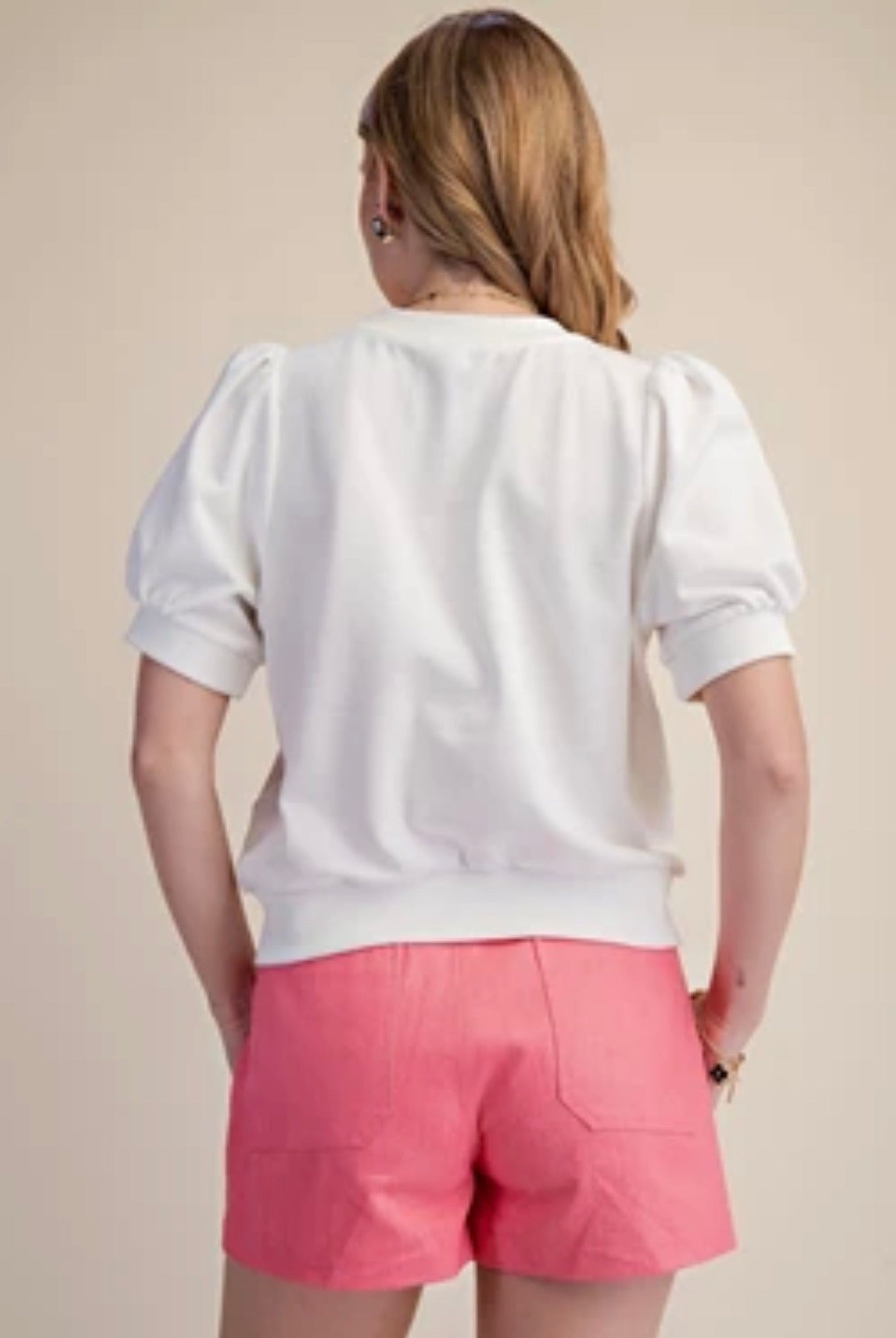 Round Neck Puff Sleeve Top - White