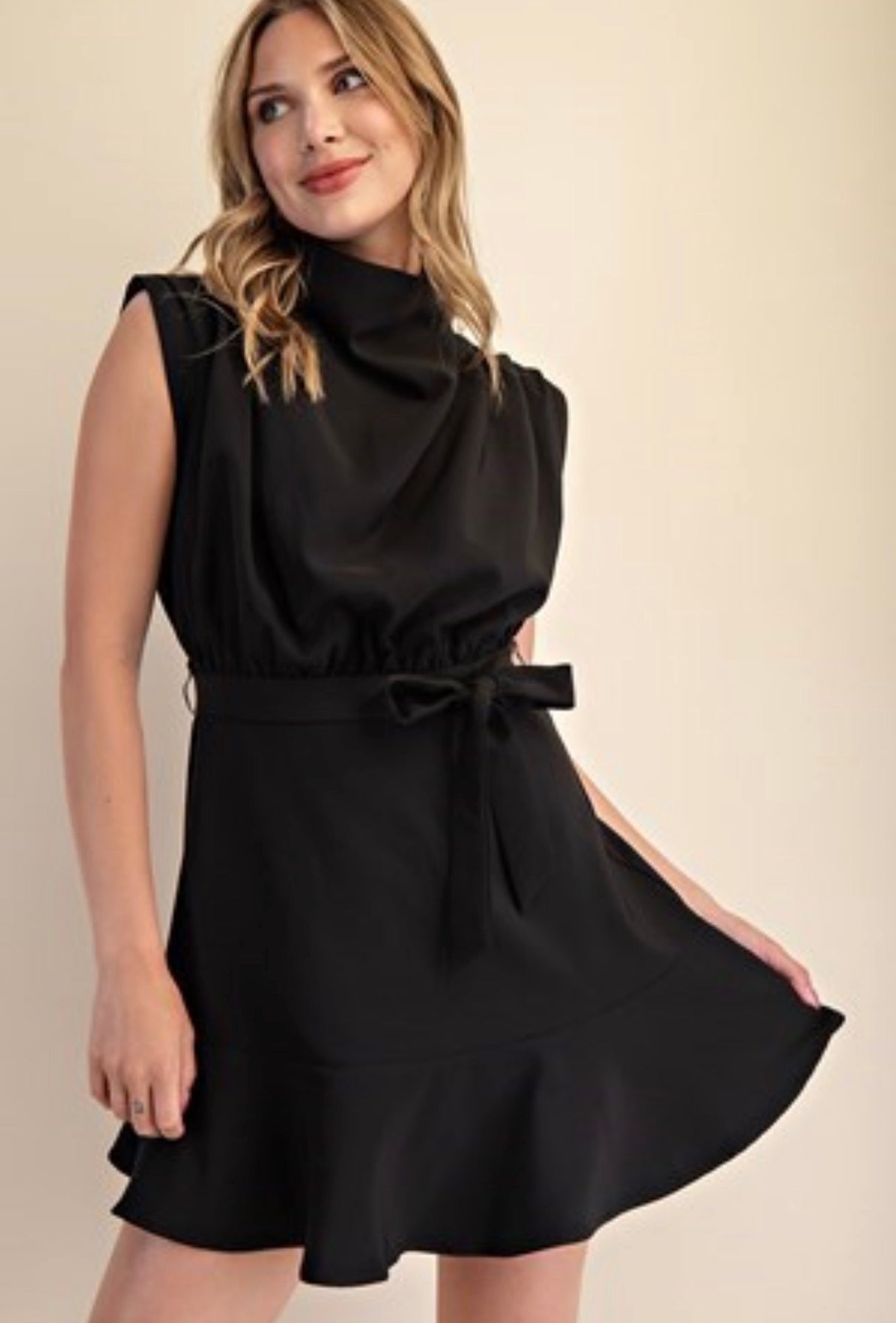 Cowl Neck Sleeveless Waist Tie Mini Dress-Black