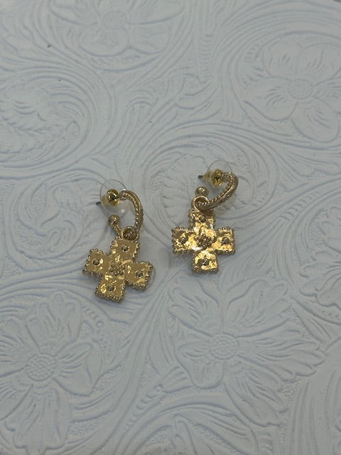 Gold Hammered Cross Charm Hoops