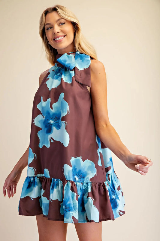 Brown and Blue Floral Mini Dress with Tie Neck