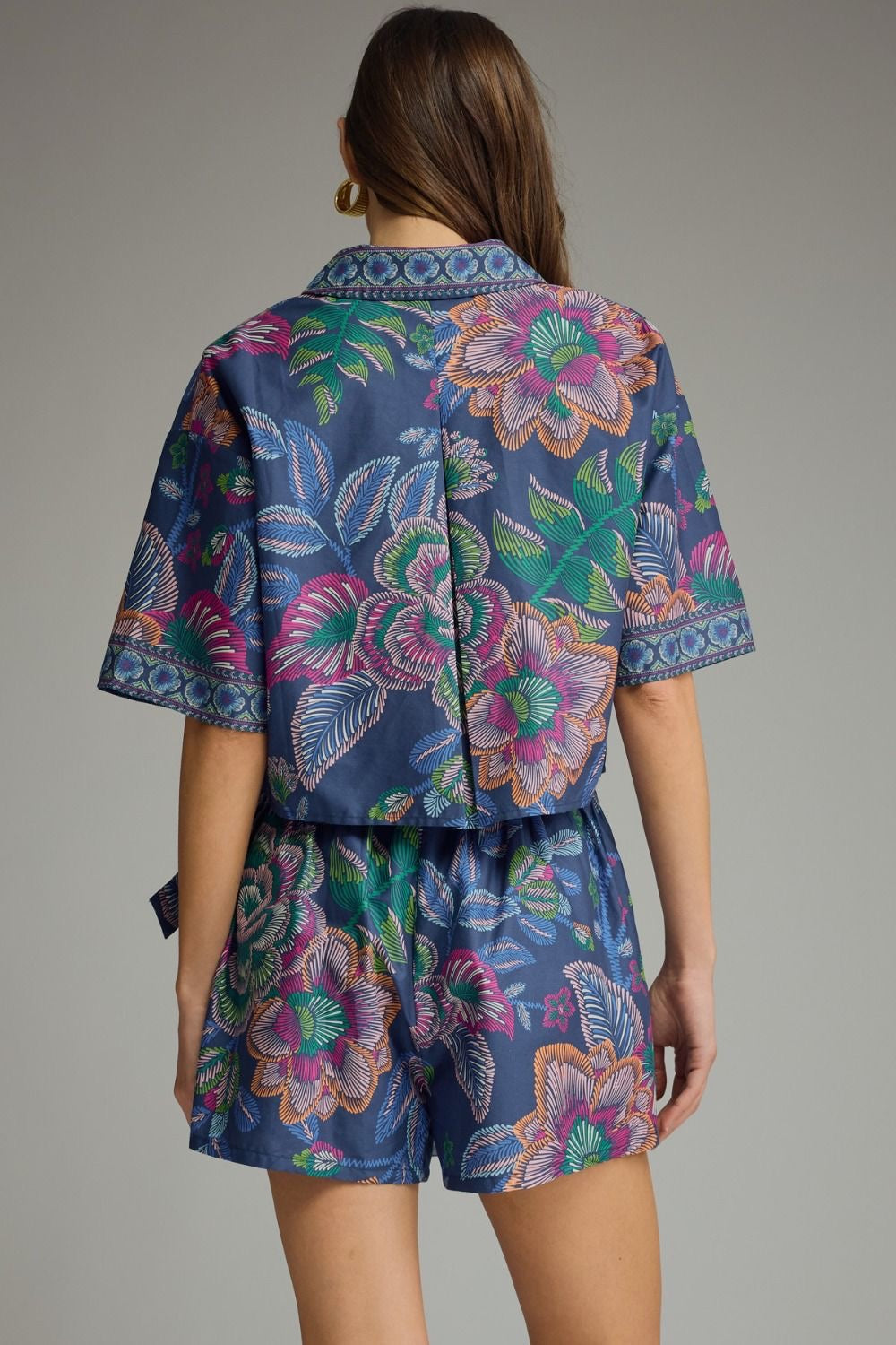 Botanical Print Short Sleeve Top And Skort Set - Blue