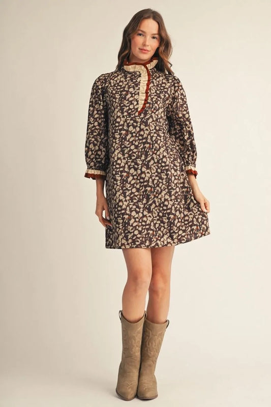 Brown Floral Button Up Leopard Dress