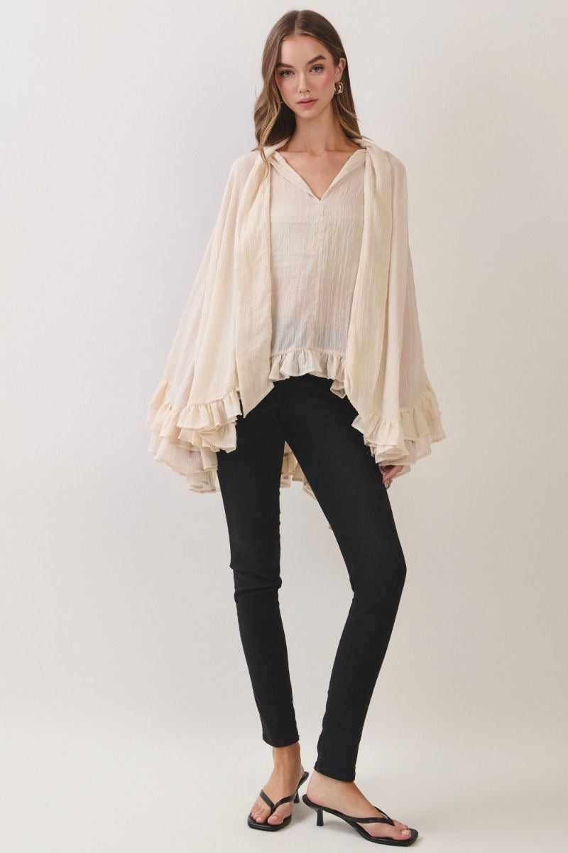 High Low Ruffle Chiffon Bell Sleeve Top - Cream