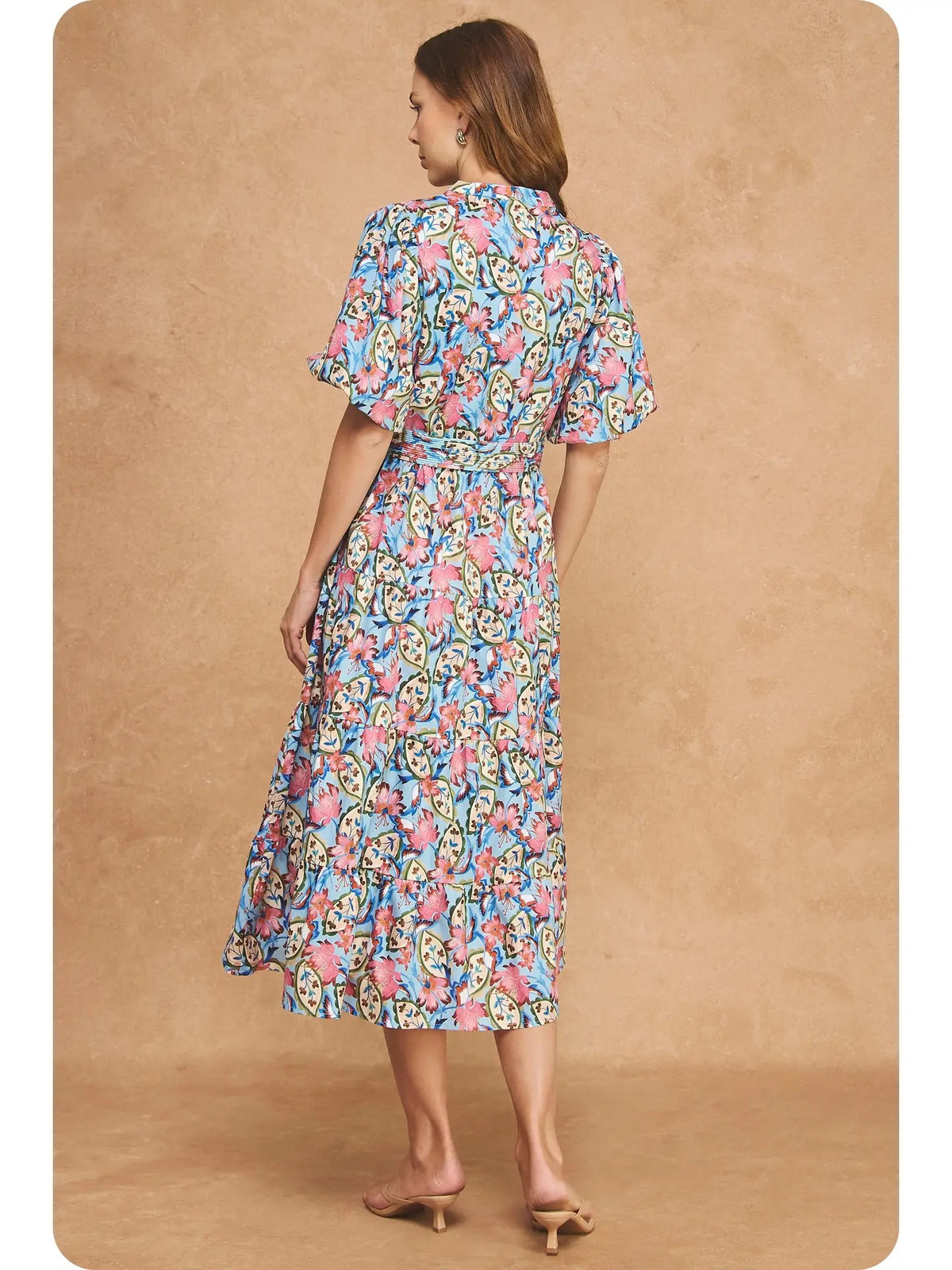 Sophia Belted Mid Dress - Multi Blue