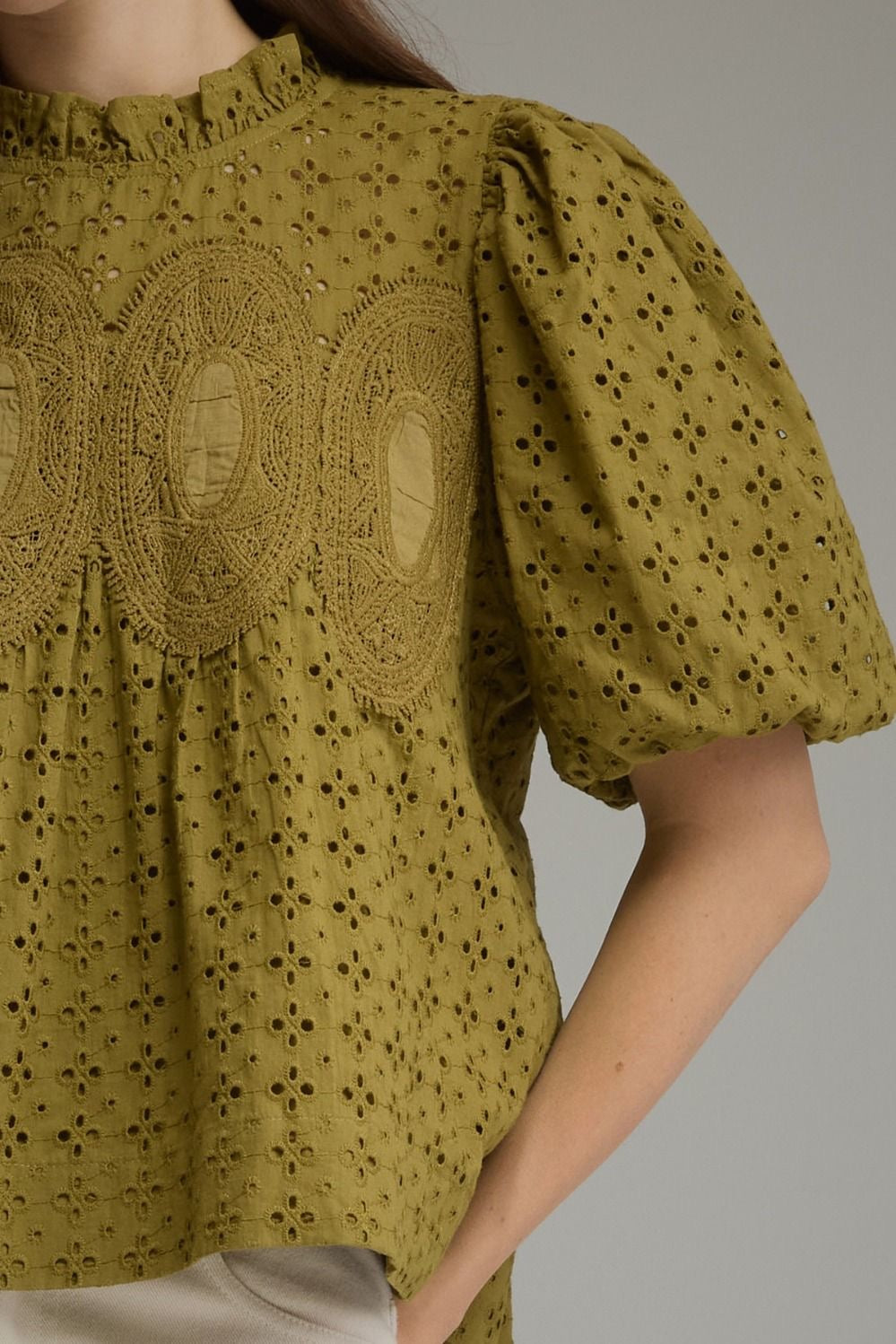 Jackie Eyelet Top in Olive Green