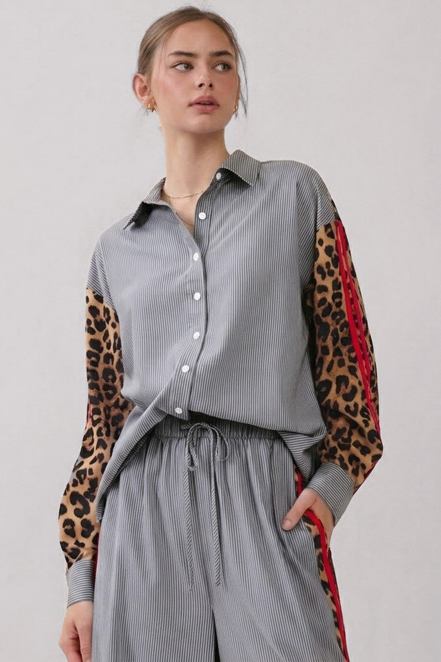 Stripe Shirt with Leopard Contrast -Charcoal Stripe